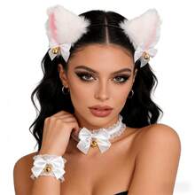Bộ 4 chiếc băng đô tai mèo trắng dễ thương có chuông và nơ ren, trang phục hóa trang Halloween. - Nhiều màu - Xem 2