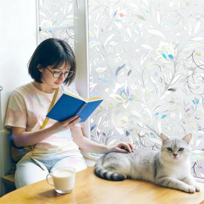 1 Roll - 17.7 Inch Wide Classic Tulip Floral Pattern Glass Window Film, Classroom Window Decor, Static Cling, Trimmable PVC Material