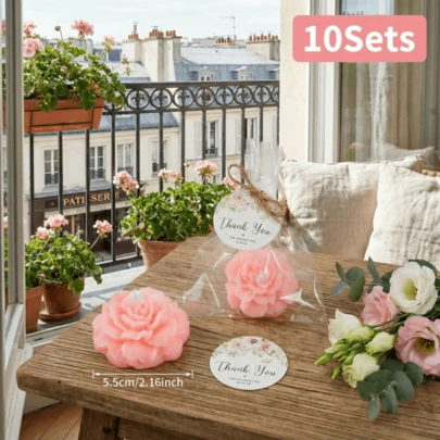 Bộ 10 nến hoa mẫu đơn màu hồng nhạt, bộ nến trang trí kèm túi quà và nhãn dán cảm ơn, hoàn hảo cho tiệc cưới kiểu Pháp, tiệc tối Ngày Tình nhân và quà tặng Ngày của Mẹ.