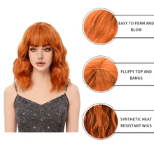 14 Inch Ginger Orange Loose Wave Hair Wigs With Bangs Synthetic Fiber Hair Wigs For Women Girls Elegant Party Cosplay Daily Wigs Music Festival - Coral Orange - View 6