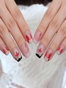 24 Pieces Of Nail Art, With A Nude Pink Transparent Base, Integrating Bright Red And White Plum Blossoms To Achieve A Transparent And Agile Look. The Petal Textures Are Clear, Making It An Elegant And Sweet-Cool Personalized Match For All-Scene Styling. Press On Nails - Multicolor - View 3