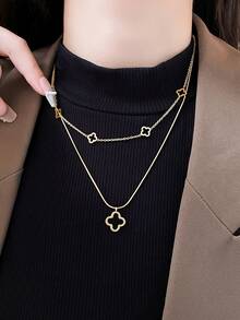 1pc Double-Layer Four-Leaf Clover Necklace, Luxury Minimalist Delicate Choker Necklace For Women - Multicolor - View 1