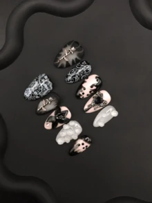 Handmade Nails Almond Shaped Dark Style Heart-Shaped Metal Rose Three-Dimensional Flower Press On Nails For Daily Wear - Multicolor - View 7