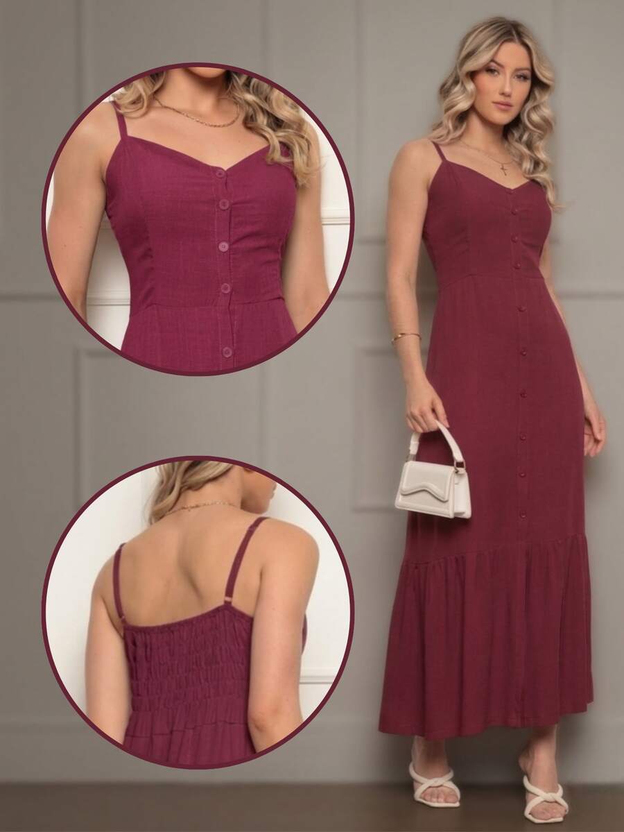 Elegant Women's Long Dress With Padded Cups, Lining, Adjustable Straps, And Front Buttons - 酒紅色 - 查看 1
