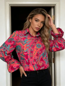 Women's Retro Vivid Floral Blouse - Vibrant Pink And Teal Abstract Print Shirt With Ruffle Trim Placket And Feminine Flared Ruffled Cuffs Tops - 紅色 - 查看 3