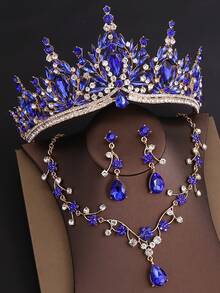 This Luxurious And Elegant 4-Piece Baroque Crown Necklace And Earring Set Features A Classic Crystal Design. Perfect For Brides, Bridesmaids, And Weddings, It's Also Suitable For Banquets, Parties, And Other Occasions. Ideal For Weddings, Banquets, Evening Gowns, Or As A Celebratory Gift. - 藍色 - 查看 2