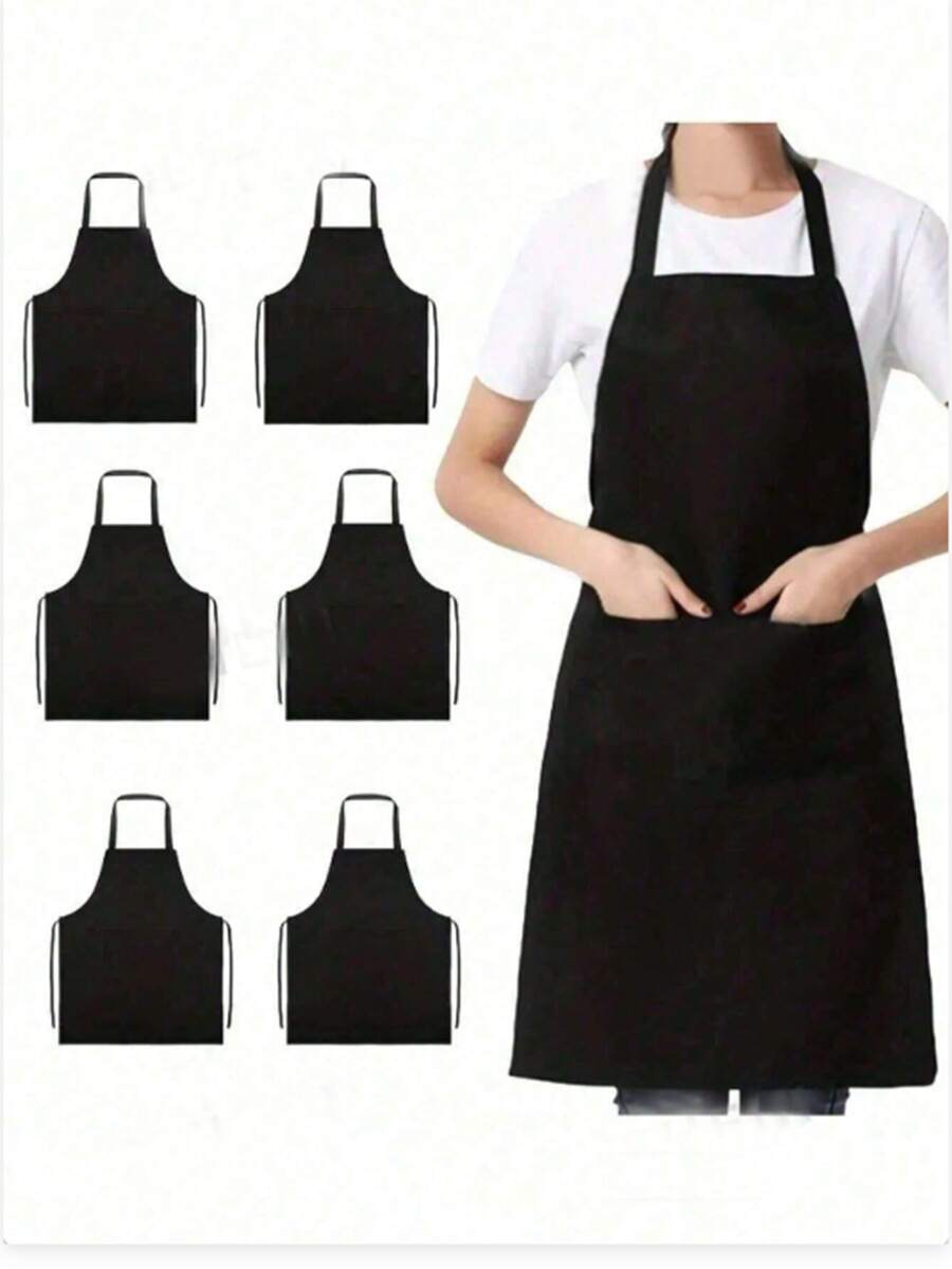 1/3/5/10 pièces Tablier en polyester pour femmes, minimaliste noir avec poche, taille épaisse, uniforme de mode pour les travaux ménagers/la cuisine, fournitures de cuisine - Multicolore - Voir 1