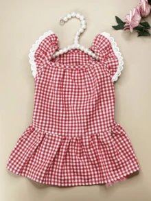 宠物服装英伦风格子田园可爱小荷叶袖格子连衣裙连体衣 - 紅白色 - 查看 2