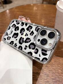 1pc Fashionable Leopard Print Silver Phone Case, Embedded With Shiny Crystals And Plated Edges, Designed For IPhone 17 Pro Max, 16 Pro, 15 Pro Max, 14 Plus, And 13 Pro Models, Perfect Gift For Friends And Loved Ones - Silver - View 6