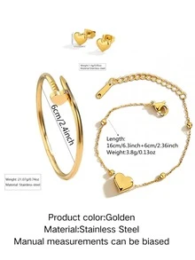 1 Set de Joyería Elegante y Delicada de Acero Inoxidable, Incluye Collar con Colgante en Forma de Corazón, Pulsera con Cuentas, Aretes en Forma de Corazón y Pulsera de Tachuelas, Adecuado para Uso Diario o Citas de Mujeres, Gran Regalo para Ella - Amarillo Oro - Ver 13