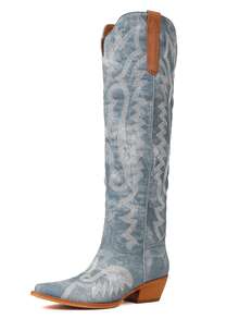 Retro Women's Cowgirl Boots Pointed Toe Embroidery Chunky Mid Heel Pull On Western Boots Outdoors Knee High Boots - Màu xanh nhạt - Xem 9