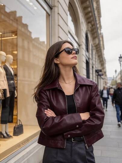 Women's Lapel Fashion PU Leather Jacket | Versatile Commuting Casual Leather Jacket | Zipper Windproof Leather Jacket | Elastic Hem Windproof Jacket | Women's Motorcycle Leather Jacket With Pockets, Loose And Slimming