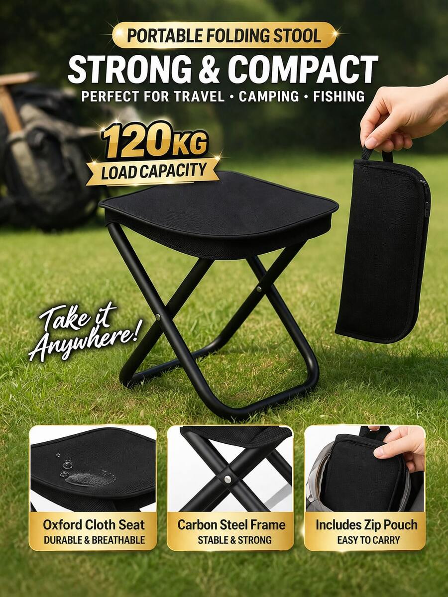 Taburete plegable para camping con bolsa de almacenamiento, sillas portátiles para adultos, reposapiés ligero para camping que soporta hasta 150 kg para viajes, pesca, picnic - Negro - Ver 1