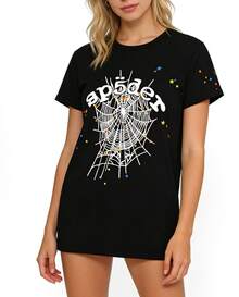 Sp5der Tees Unisex Y2k  T Shirts, Vintage Tees Summe Short Sleeve Streetwear Unisex, Classic Sp5der Print - 黑色 - 查看 8