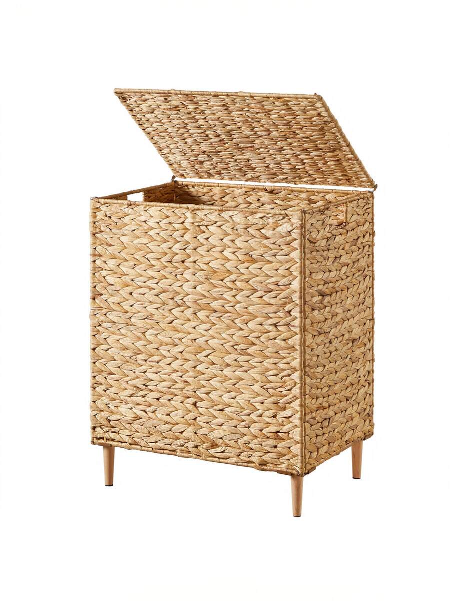 34.3 Gal. Laundry Hamper, 2-Section Handwoven Water Hyacinth Wicker Laundry Basket With Lid, Removable Liners, Natural - Yellow - View 1