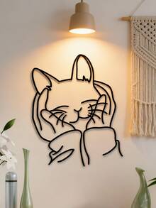 迷人的金属女人与猫壁饰 - 送给猫爱好者的理想礼物，铁艺装饰，非常适合房间装饰 - 黑色-B - 查看 4