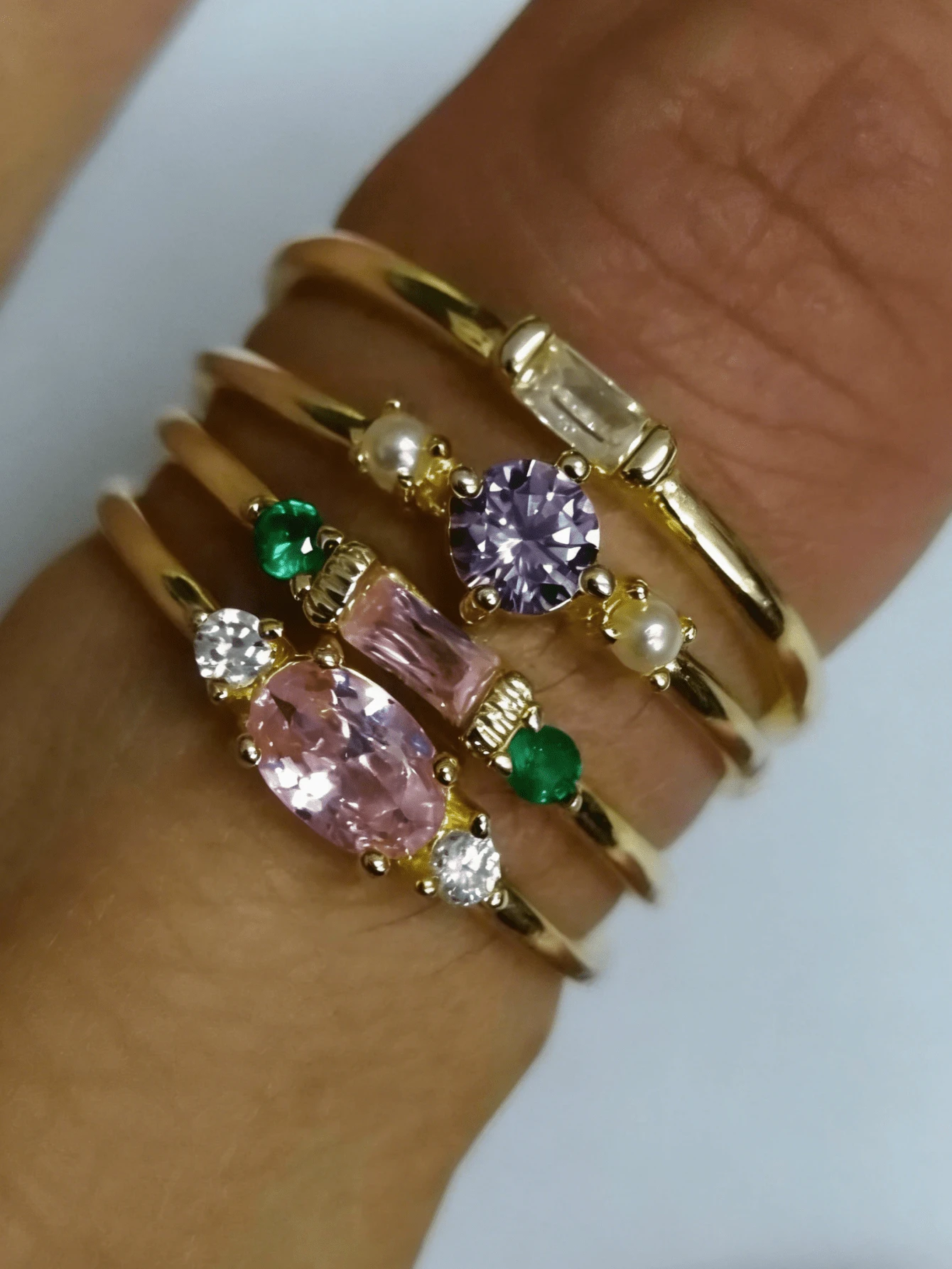 Bộ 4 chiếc nhẫn đá Cubic Zirconia thời trang, thanh lịch dành cho nữ, thích hợp cho lễ đính hôn, đeo hàng ngày, dạo phố và dự tiệc. - Vàng - Xem 1