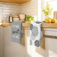 2pcs Simple Gray Geometric Petal "Sweet Home" Pattern Kitchen Towels, Soft Polyester Material Dish Cloths, Suitable For Kitchen Decor, Cleaning, Holiday Party Decoration, Kitchen & Bathroom Essentials, Home Decor, Housewarming Gift - Multicolor - View 5