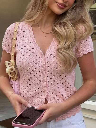 Just Masa Pink Hollow-Out Knitted Short Sleeve V-Neck Cardigan, Women's Summer Casual Sweater, Suitable For Vacation, Beach And Daily Wear