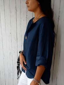 Blusa de tejido con cuello en pico y detalles de botones, corte relajado para primavera - Gris - Ver 3