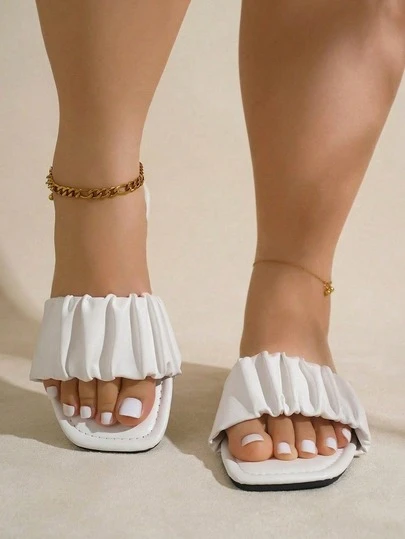planare Women's Fashion Casual Vacation Pleated PU Open Toe Slip-On Comfortable White Sandals, Wide Fit