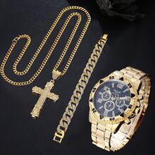 Bộ 3 món phong cách Hip Hop nam: Đồng hồ bấm giờ mặt lớn + Dây chuyền hình thánh giá + Vòng tay dây xích, Bộ phụ kiện - màu đen - Xem 1