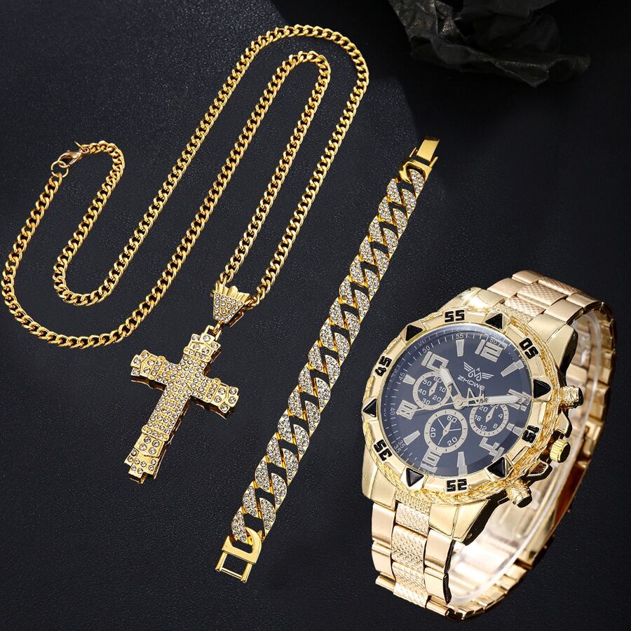 Bộ 3 món phong cách Hip Hop nam: Đồng hồ bấm giờ mặt lớn + Dây chuyền hình thánh giá + Vòng tay dây xích, Bộ phụ kiện - màu đen - Xem 1