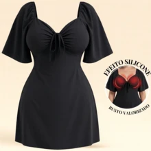 Plus Size Short Princess Dress, Loose Fit, With Gathered Neckline And Short Sleeves, Elegant, Sizes 46 To 56 - Black - View 1