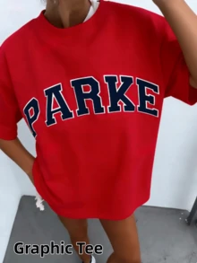 2026 Unisex Casual "PARKE" Letter Print Loose Pullover Sweatshirt, Encountering Lazy Fashion.Casual Daily Wear,Winter Clothes For Women,Clothes,Hoodie,Tops,Spring Break,Long Sleeve Tops Women - 紅色 - 查看 10