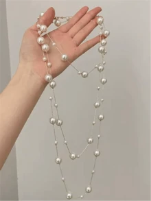 قلادة بيضاء طويلة متعددة الطبقات بتصميم سماء مرصعة بالنجوم، سلسلة أنيقة للكنزة، مناسبة للاستخدام اليومي والحفلات والحفلات الراقصة والتنقل والصيف، 1 قطعة - أبيض - مشاهدة 4