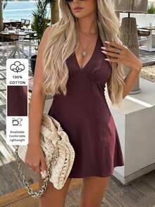 PoPoHouse Women's Elegant 100% Cotton Mini Dress Sexy Backless Tie Waist Deep V Neck Halter Dress For Summer Casual Beach Vacation Daily Commute Going Out Outfit Brown Dress - Brown - View 5