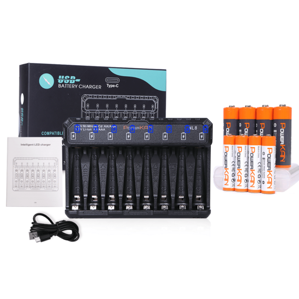 POWERKAN 多功能电池充电器套装：8 个独立插槽，5V USB 供电，适用于 1.2V 镍氢电池和 1.5V 锂离子 AA/AAA 电池，附赠 8 节可充电电池 – 适用于日常设备（遥控器、闹钟、麦克风、体重秤）