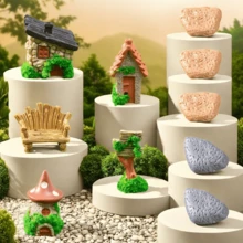 10 Pieces - Simulation Resin Stone House, Wooden House, Wooden Chair, Road Sign, Stone Bonsai Statue Decoration Set, Fairy Garden Accessories/Moss Micro Landscape Gardening Bottle Landscaping/Rockery/Aquarium Decoration, DIY Accessories - Multicolor - View 8