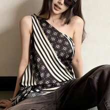 法式条纹印花不对称领吊带背心，修身显瘦设计，夏季不对称无袖上衣 - 黑色 - 查看 1