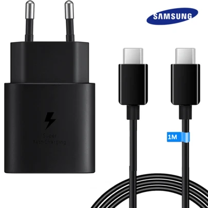  Carregador rápido USB-C original Samsung de 25 W, inclui cabo de dados de 1 m, compatível com Galaxy A56, A55, A54, A53, A52, A36, A35, A34, A33, A16, A15, A14, A05s, A04s, S26, S25, S24, S23, S22, S21, S20, S10+/FE, M55 e outros. Suporta carregamento rápido.