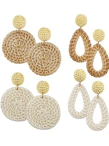 Xiacheng 1/4 pares de pendientes de ratán para pendientes geométricos de declaración ligeros, pendientes colgantes de gota de trenza de paja y mimbre hechos a mano, regalo del Día de la Madre - palma de arroz - Ver 5