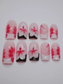 24 Pieces Of Nail Art, With A Nude Pink Transparent Base, Integrating Bright Red And White Plum Blossoms To Achieve A Transparent And Agile Look. The Petal Textures Are Clear, Making It An Elegant And Sweet-Cool Personalized Match For All-Scene Styling. Press On Nails - Multicolor - View 7