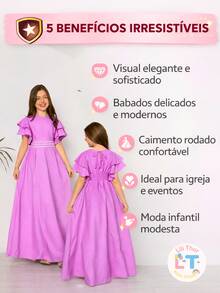 Evangelical Long Dress For Girls And Teenagers With Trio Detail At The Waist And Layered Sleeves | Long, Flared Dress With Elastic At The Back | Sizes 10 To 16 | Colors: Baby Blue, Green, Pink, Lavender, And Navy Blue | Elegant And Comfortable Outfit For Birthdays, Parties, Christmas, Graduations, And Special Events | Classic Teen Dress With A Loose Fit | Delicate Model With Wide Sleeves And Refined Finish | Long Dress For Pre-Teen And Teenage Girls | Children's Clothing For Special Occasions And Dressy Casual Wear | Ideal Gift For Girls | Flared Dress With Lightweight Fabric And Soft Touch | Charming, Discreet, And Comfortable Look For Various Occasions - Rosa - 查看 3