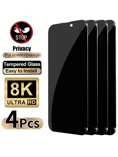 4pcs Privacy Tempered Glass Screen Protector, 9H Hardness, Full Coverage Anti-Peeping, Bubble-Free, Compatible With Phone Cases, Protects Sensors, Suitable For IPhone 17, 17 Air, 17 Pro, 17 Pro Max, 16 Pro Max, 15 Pro Max, 14 Pro Max, 13, 12, 11