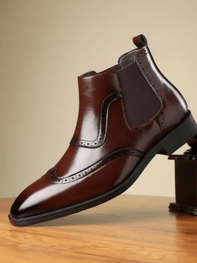 QRLQRL 1 Pair Men's Round Toe, Mid-Top, Lace-Up PU Leather Upper, Rubber Sole, Flat Heel, Carved Business Casual Chelsea Boots