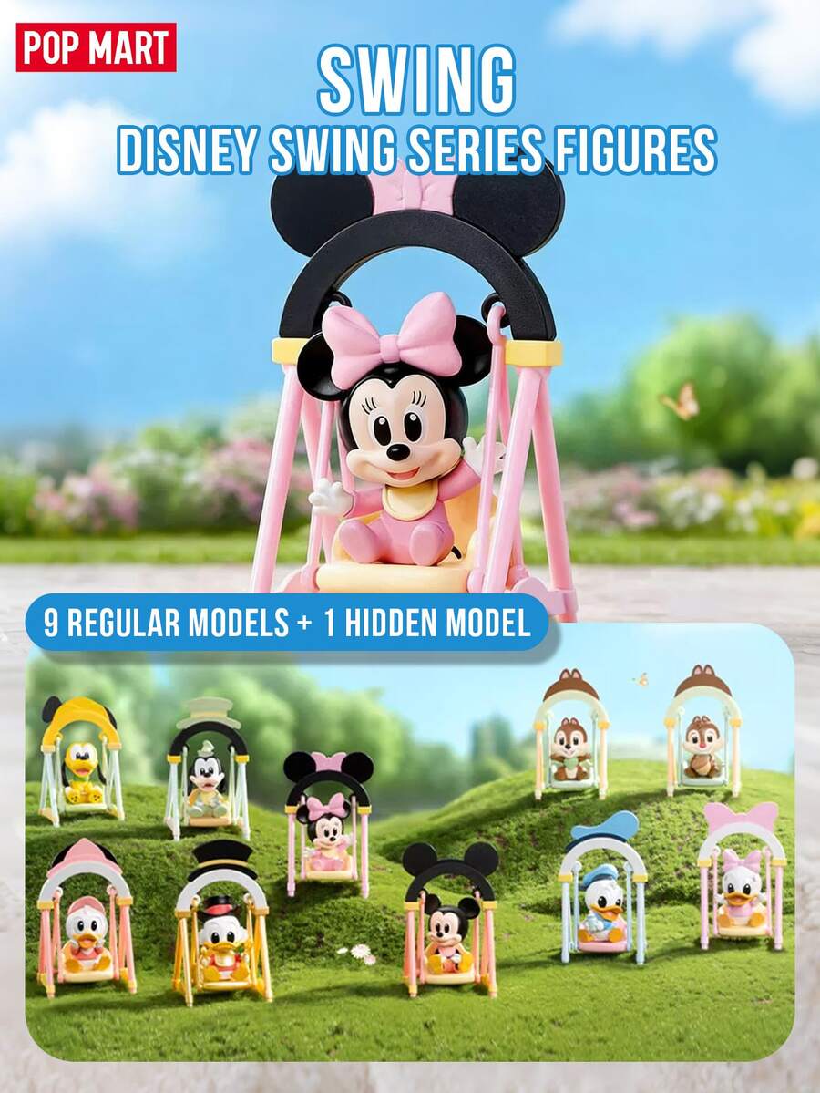 Hộp bí mật POP MART Disney Swing Series - 9 nhân vật thường + 1 nhân vật bí mật, bao gồm các nhân vật Disney kinh điển Mickey, Minnie, Donald Duck, Daisy, Goofy, Pluto, Chip, Dale và nhân vật bí mật Scrooge McDuck, được thiết kế như một chiếc ghế đu Q-Version dễ thương.