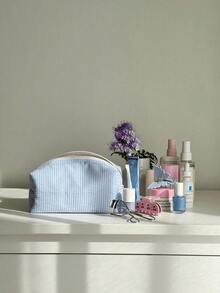 Striped Pattern Fluffy Soft Women's Cosmetic Bag, Zipper Travel Makeup Bag, Cute Plaid Toiletry Bag, Back To School Supplies - 藍白色 - 查看 3
