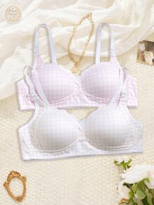 2pcs Women's Cute Plaid Print Wireless Padded Bra, Sweet Lace Trim Wireless Bra Suitable For Small Bust Daily Wear - Multicolor - View 1