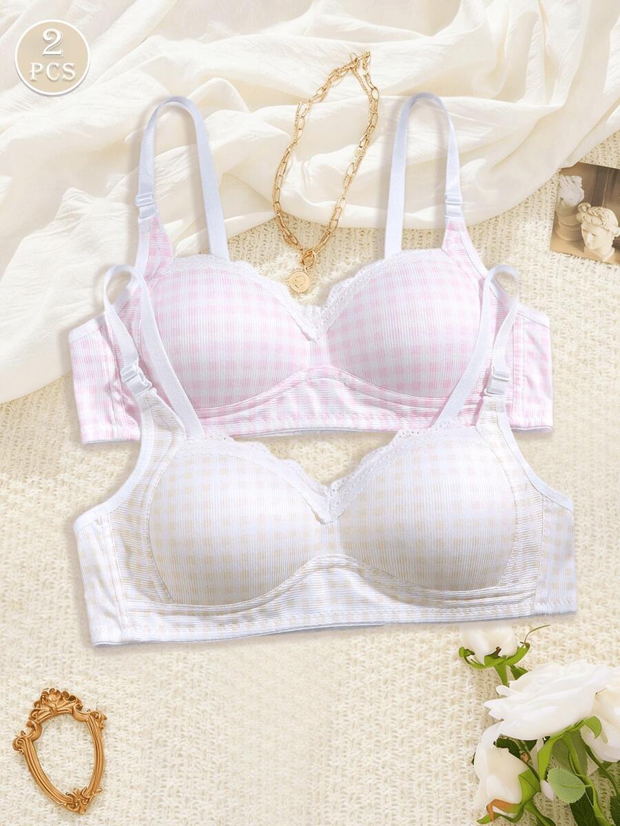 2pcs Women's Cute Plaid Print Wireless Padded Bra, Sweet Lace Trim Wireless Bra Suitable For Small Bust Daily Wear - Multicolor - View 1