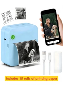 Máy in nhiệt mini RGB / Máy in ảnh không dây cầm tay Bluetooth không mực / Bộ máy in nhãn mini cầm tay / Máy in nhiệt không mực không dây Bluetooth, hỗ trợ iOS và Android, có thể in ảnh/danh sách việc cần làm/nhãn dán kế hoạch/nhật ký DIY, kèm 15 cuộn giấy in (3 cuộn giấy dán nhiệt nhiều màu + 3 cuộn giấy dán nhiệt nhiều màu + 3 cuộn giấy dán nhiệt + 3 cuộn giấy nhiệt + 2 cuộn giấy nhãn nhiệt + 1 cuộn giấy nhãn nhiệt nhiều màu), sạc USB, nhỏ gọn, dễ thương. - Màu xanh nhạt - Xem 1