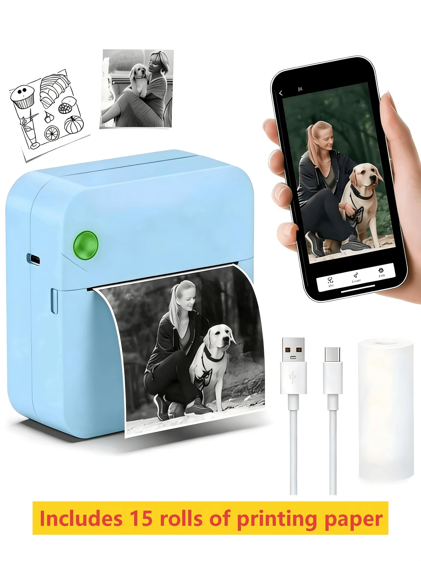 Máy in nhiệt mini RGB / Máy in ảnh không dây cầm tay Bluetooth không mực / Bộ máy in nhãn mini cầm tay / Máy in nhiệt không mực không dây Bluetooth, hỗ trợ iOS và Android, có thể in ảnh/danh sách việc cần làm/nhãn dán kế hoạch/nhật ký DIY, kèm 15 cuộn giấy in (3 cuộn giấy dán nhiệt nhiều màu + 3 cuộn giấy dán nhiệt nhiều màu + 3 cuộn giấy dán nhiệt + 3 cuộn giấy nhiệt + 2 cuộn giấy nhãn nhiệt + 1 cuộn giấy nhãn nhiệt nhiều màu), sạc USB, nhỏ gọn, dễ thương. - Màu xanh nhạt - Xem 1