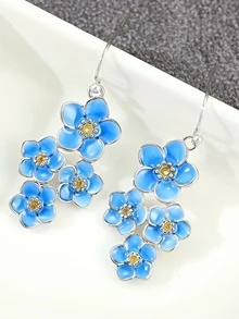 Brincos pendentes artesanais em esmalte azul estilo boêmio vintage, perfeitos para casamentos, Dia das Mães e Dia dos Namorados. Brincos de cobre artesanais com flor de nascimento, banhados a ouro, ideais para casamentos, ocasiões especiais e festivais. - Azul - Ver 4