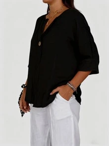 Blusa de tejido con cuello en pico y detalles de botones, corte relajado para primavera - Negro - Ver 3