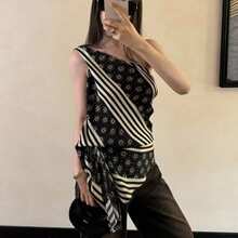 法式条纹印花不对称领吊带背心，修身显瘦设计，夏季不对称无袖上衣 - 黑色 - 查看 6