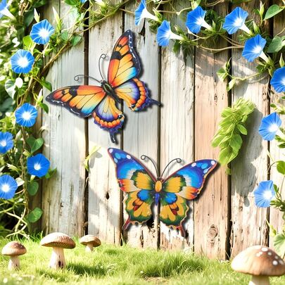 2D平面亚克力蝴蝶墙饰，2件装，适用于花园、露台、客厅、阳台悬挂式亚克力蝴蝶 - 室内/室外装饰、家居装饰、庭院、派对、节日、办公室、门廊、婚礼、咖啡厅墙面雕塑